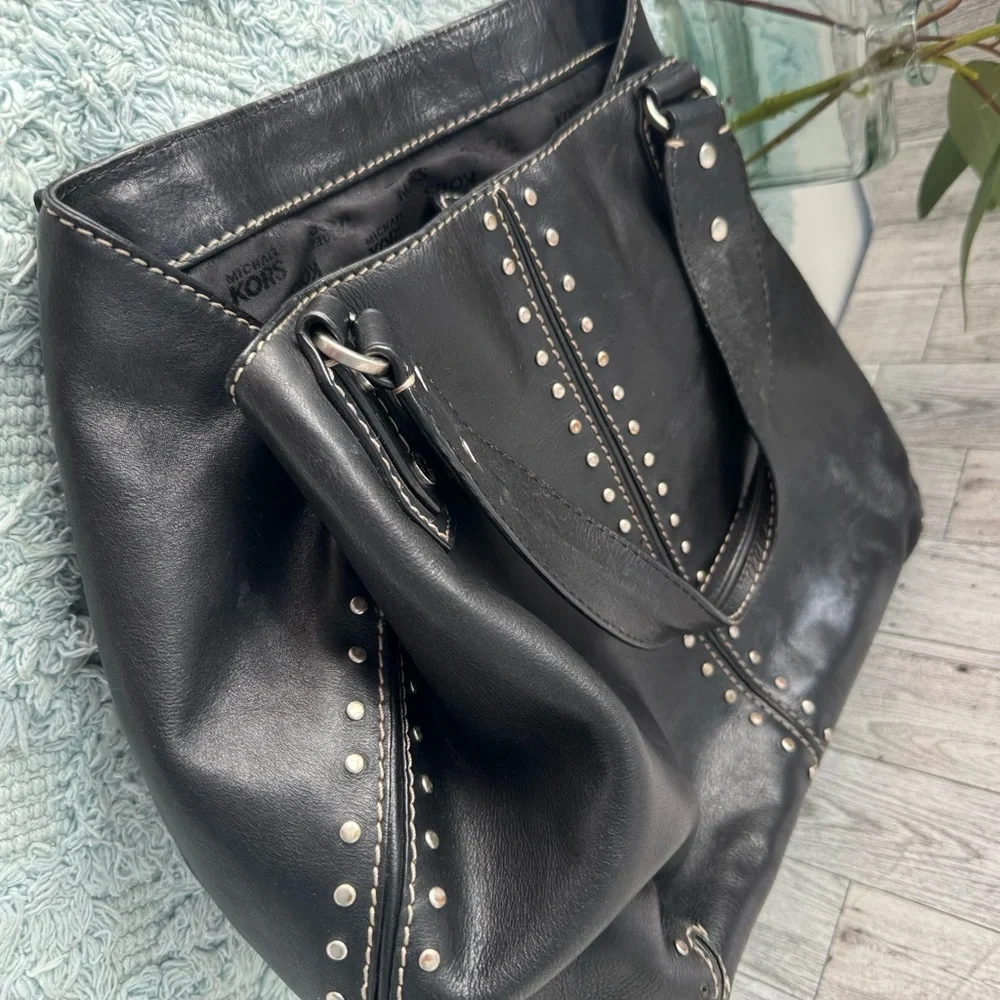 Michael Kors Black Leather Studded Shoulder Bag - Picture 6 of 15